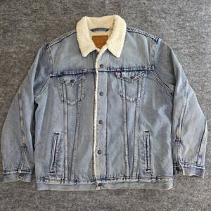 Levis Sherpa Lined Trucker Jacket Mens XXL Blue Denim Medium Wash Western Coat